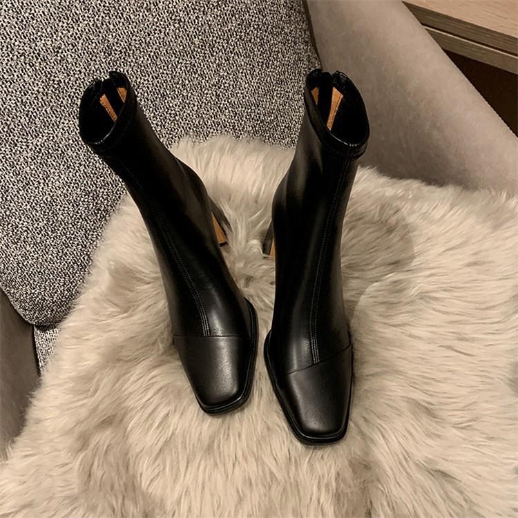 Koreanische Bestellung! Einfach! Braune quadratische Zehenpartie dicke hohe Absätze elastische kurze Stiefel Reißverschluss dünne Single-Stiefel