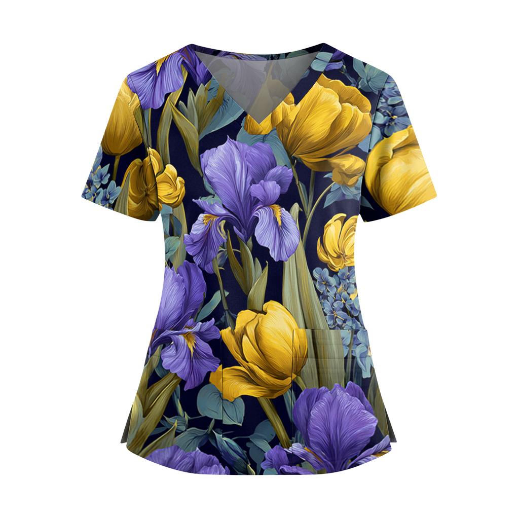 Women's floral print V-neck double pocket short-sleeved uniform/caregiver top with slits at the hem