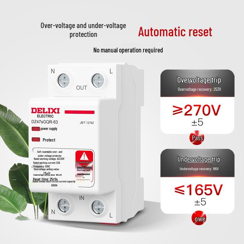 Delixi DZ47sGQR Self-Resetting Voltage Protector, Single-Phase 2P, 1P+N, 40A/63A, Bottom-In Top-Out