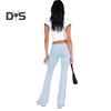 Women Pants Mid-rise Elastic Waist Adjustable Side Drawstring Long Trousers Solid Color Skinny Flared Pants Daily Wear