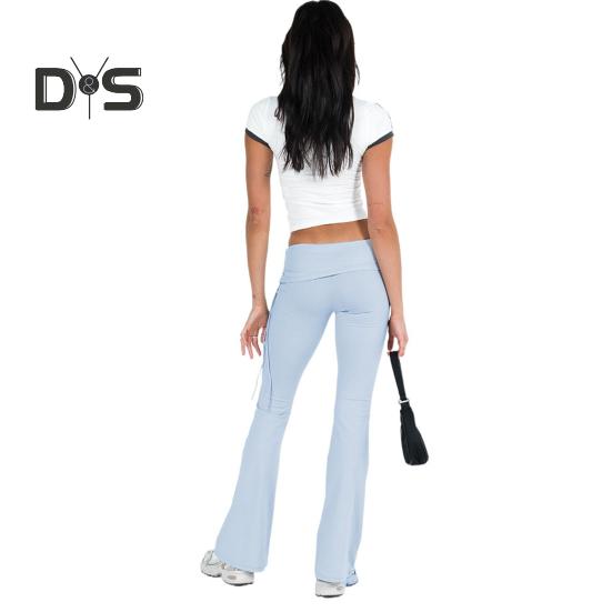 Women Pants Mid-rise Elastic Waist Adjustable Side Drawstring Long Trousers Solid Color Skinny Flared Pants Daily Wear