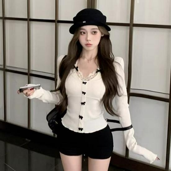 

Sweet & Spicy Patchwork Bow Lace Long Sleeve Knit Top - Slimming Waist and Chic Style for Women Small абрикосовый