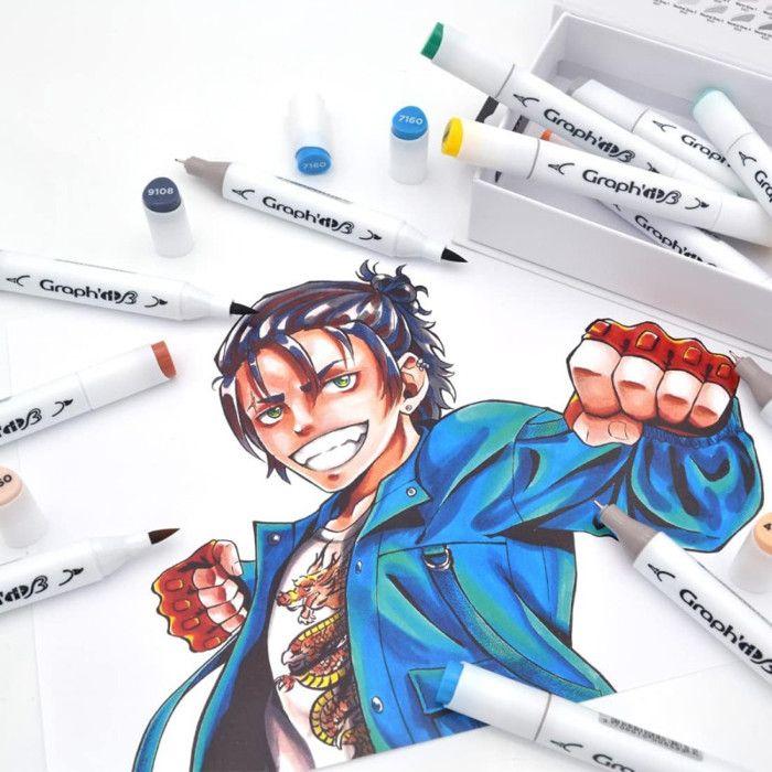 Set Manga Shonen of 12 Alcohol Markers GRAPH'IT Brush &; Extra Fine