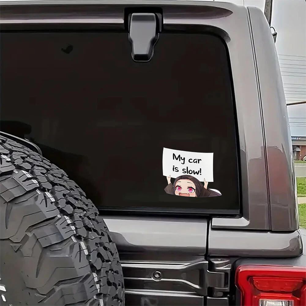 

EARLFAMILY 5.1 Funny Demon Girl My Car is Slow Warning Car Decals Caravan Rear Windshield Electric-Bicycle Vehicle Vinyl Trunk DIY Stickers