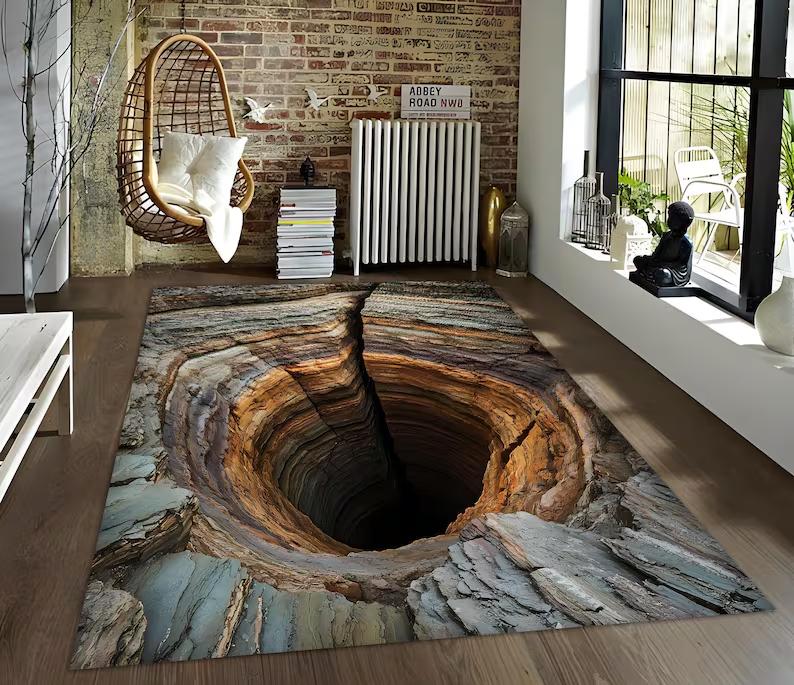 3D Cave Water Pool Abyss Design Rug NonSlip Machine Washable Carpet Fashion Bedroom Living Room Beach Style Floor Mat Home Decor