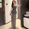 Pure desire style new Chinese sexy mesh suspender dress women's summer design sense split fork Spice girl waist hip long dress