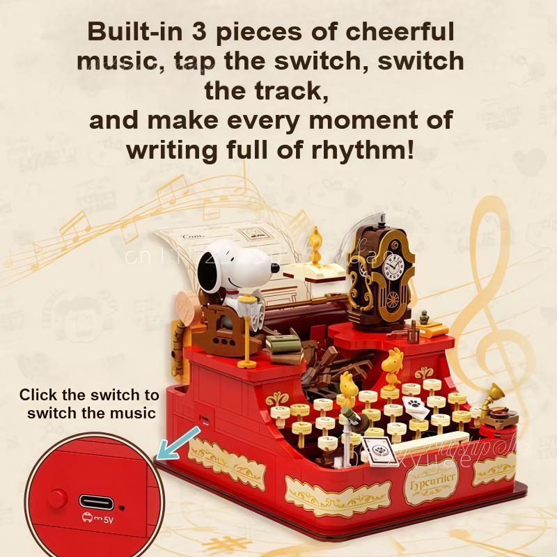 New Snoopy Retro Series Music Typewriter Building Block Model Assembly Cartoon Puzzle Toy Gift Removable Collection Ornament