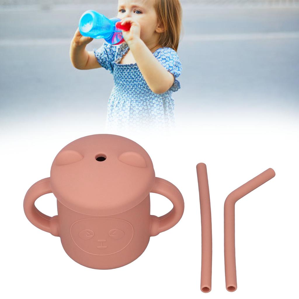 Silicone Baby Cup Drinking Training Two Handles Lid Straw Cartoon Style Food Grade Durable Silicone Toddler Straw CupsOrange
