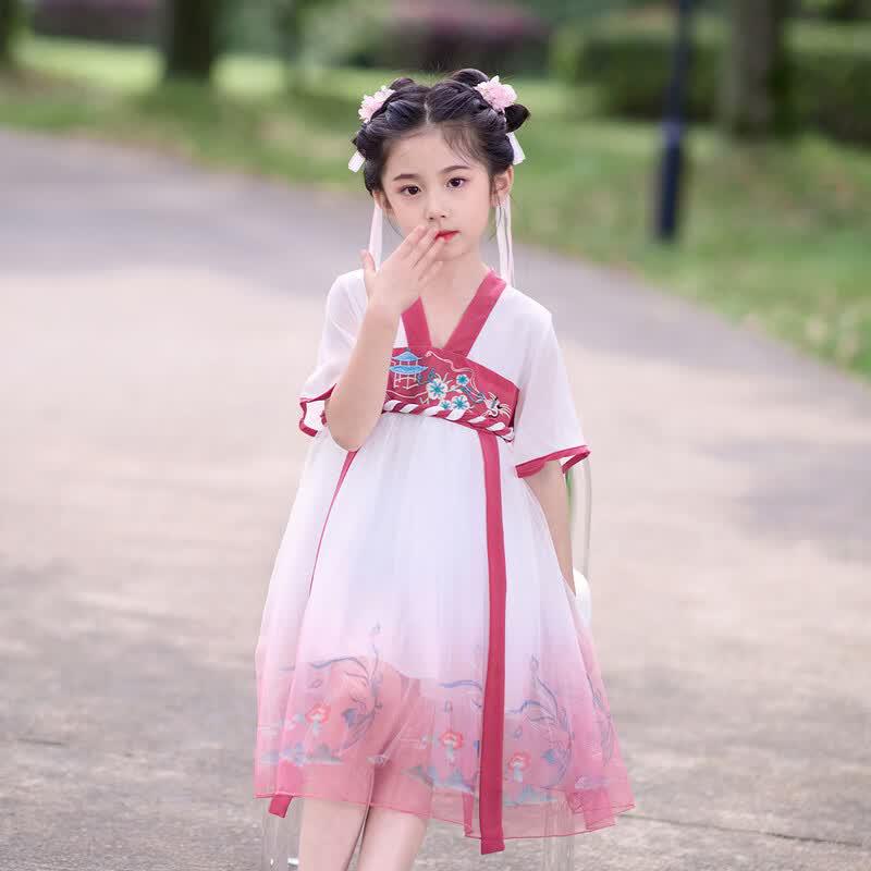 Little Tiger Patty Girls' Summer Embroidered Chiffon Hanfu Dress