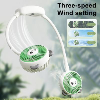 Závěsný ventilátor na krk se dvěma nastavitelnými hlavami pandy, 3 rychlosti větru, chlazení, závěsný design bez rukou, dobíjecí přes USB, sportovní chladicí ventilátor na krk