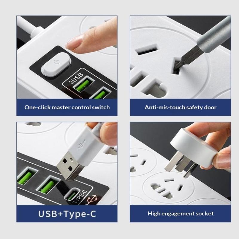 Universal Power Strip Socket Eu Us Au Plug With Usb Type-C Pd Surge Protector Power Cord Extension Sockets