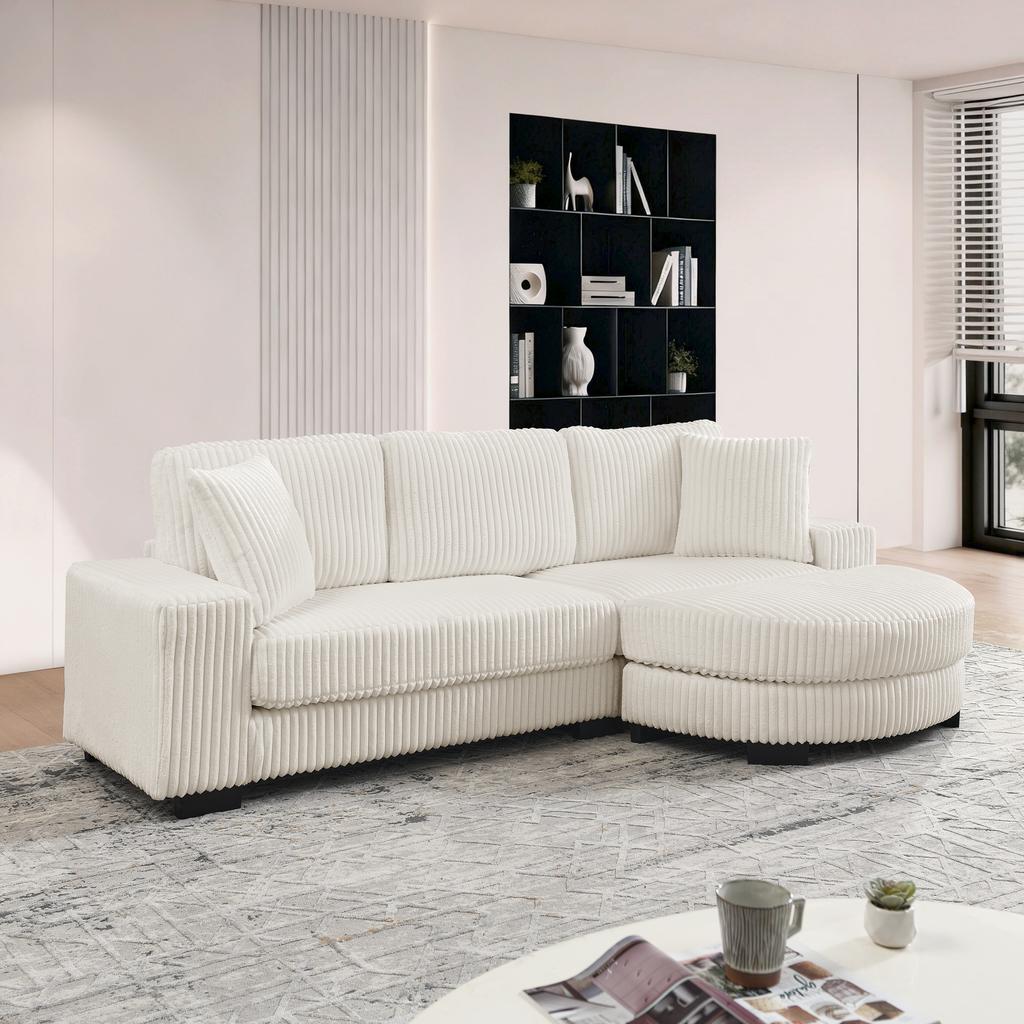 Divano ad Angolo a L - 4 Posti, 256,5 x 133,5 x 89 cm, Velluto a Coste Classico, Design Modulare con Pouf Ovale, 2 Cuscini Inclusi, Beige