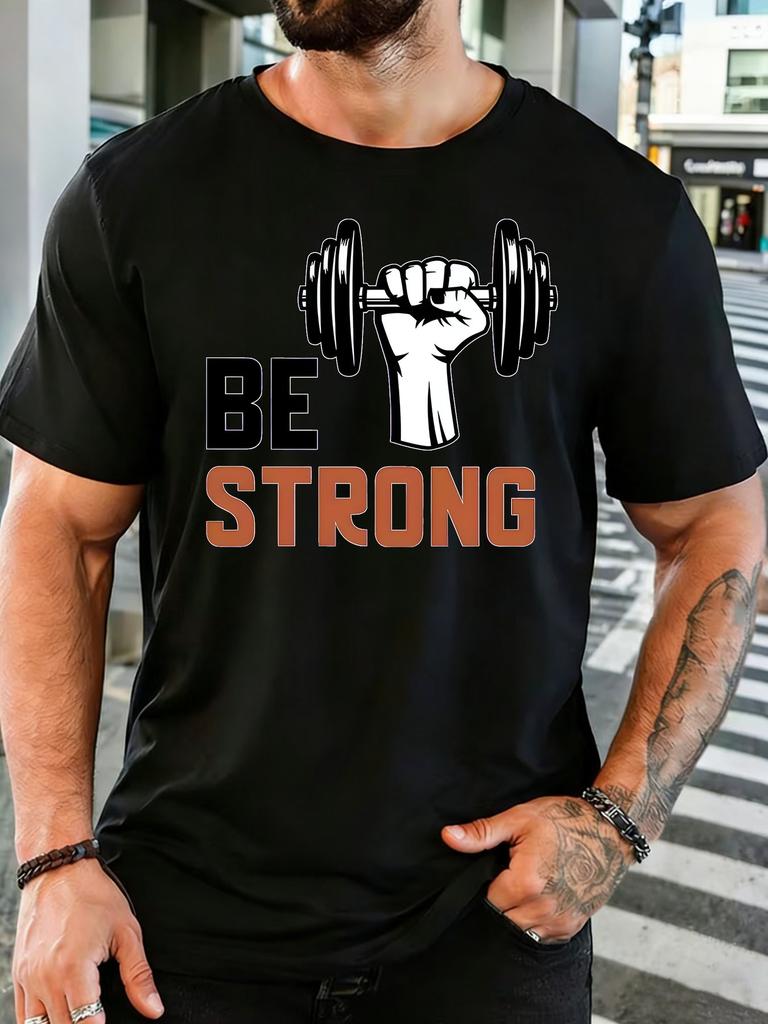 Unisex Cotton Crew Neck Tee Be Strong Dumbbell Hand Graphic Short Sleeve T Shirt Weightlifting Workout Fan Daily Sport Casual Top