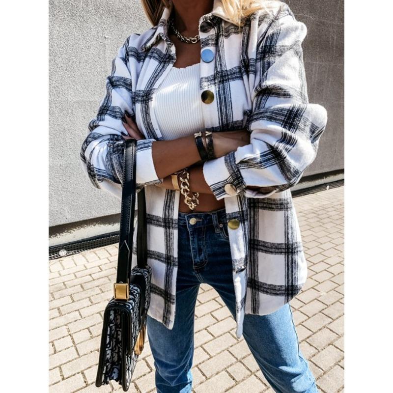 Autumn and Winter Loose Casual Retro Plaid Long Sleeved Shirt Jacket for Women