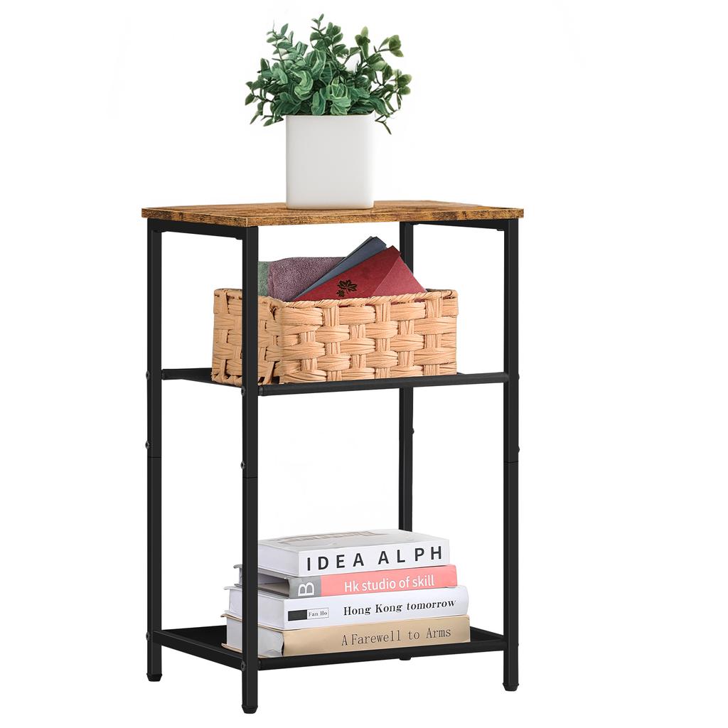 3-Tier Metal Narrow Rustic Brown Bedside Table for Small Spaces, Bedroom/Living Room, Durable Frame
