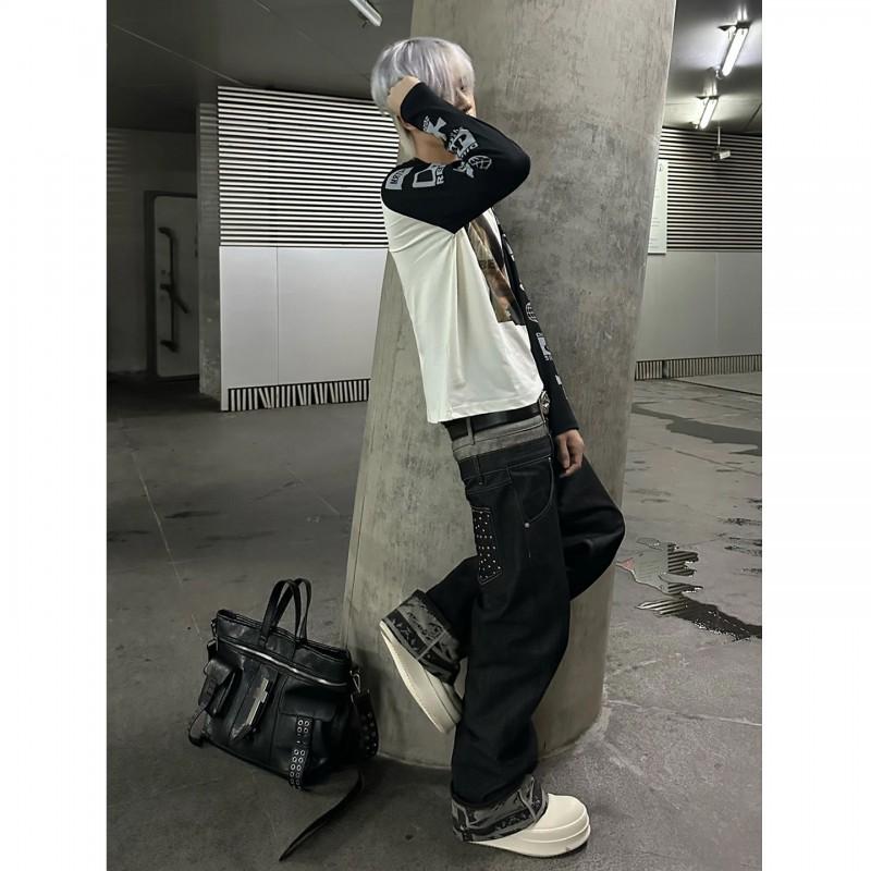 Pantalones Vaqueros Holgados de Corte Recto para Hombre con Dobladillo Deshilachado Tiro Medio Algodón Lavado Detalle de Remaches Sueltos Casual Streetwear