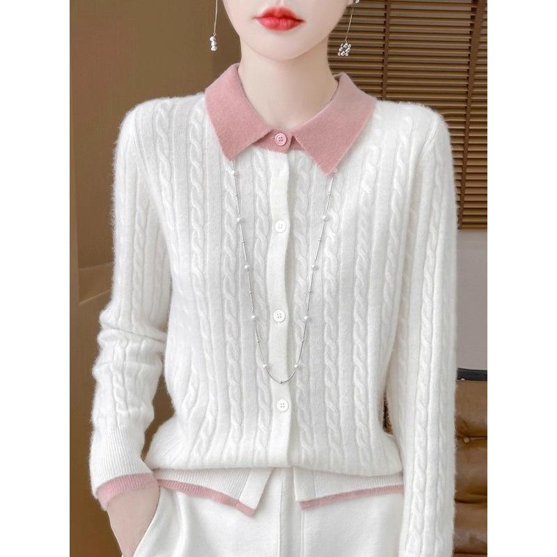 Pulover de damă cu mâneci lungi, cu rever, tricotat, de bază pentru femei