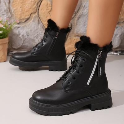 Autumn Winter Short Plush Ankle Boots Women Fashion Zipper Black Pu Leather Motorcycle Boots Woman Lace Up Platform Botas Mujer