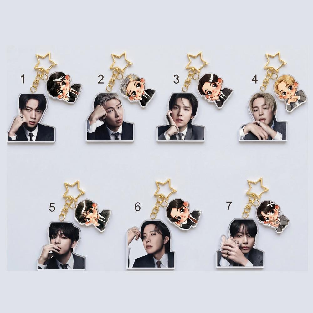 

7 шт. Брелок с двойным кулоном BTS, Bangtan Boys, Фото и Мультяшная фигурка в костюме, Брелок со звездочкой, Подвеска на сумку K-pop идола для фанатов ARMY 7pcs