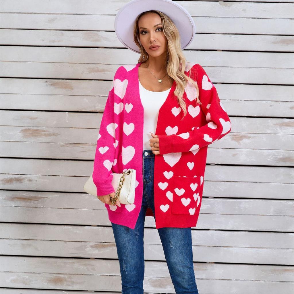 2025 Herbst Neuheit Splicing Strick Valentinstag Tasche Langer Cardigan Liebe Pullover