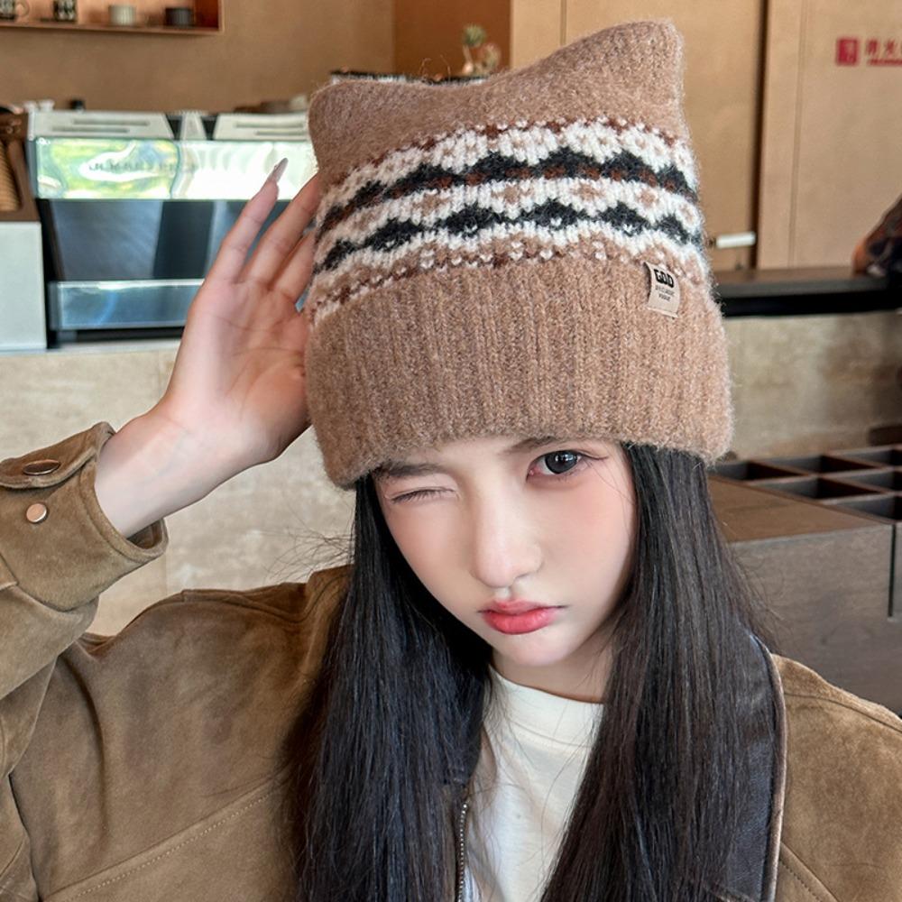 

Fair Isle Style Jacquard Knitted Hat Printed Printing Knit Cap Retro Cat Ears Beanies Girls