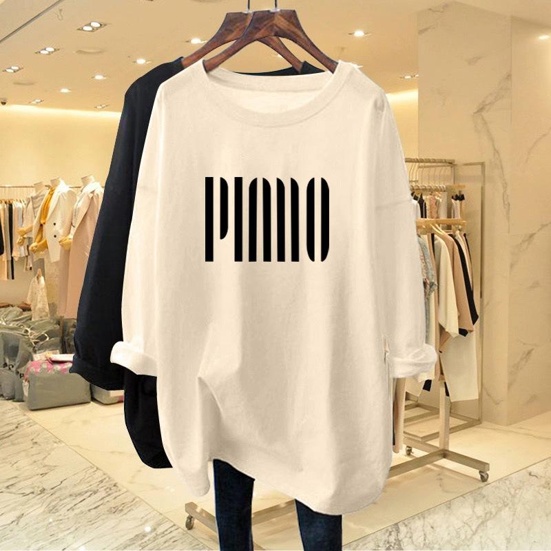 Women's Crew Neck Long Sleeve Tunic Top Loose Fit Korean Style Vertical Letter Print Pure Cotton Casual Fashion Tee Shirt
