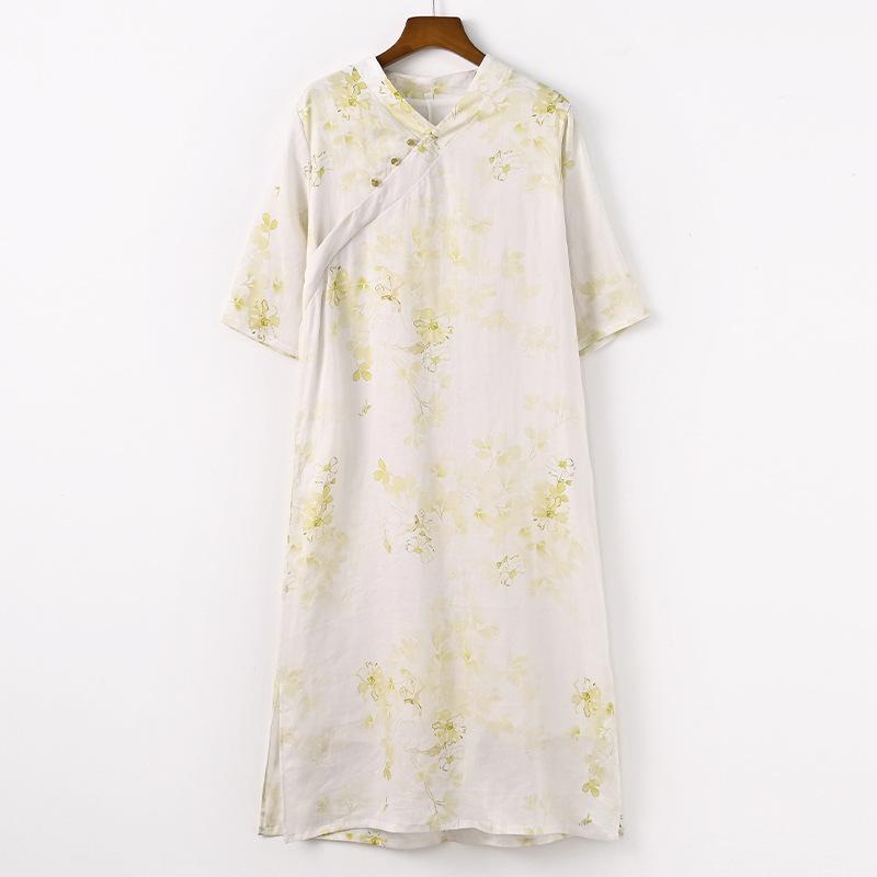 

Johnature женское винтажное платье с цветочным принтом и v-образным вырезом на пуговицах, летние женские платья трапециевидной формы в китайском стиле XXL жёлтый