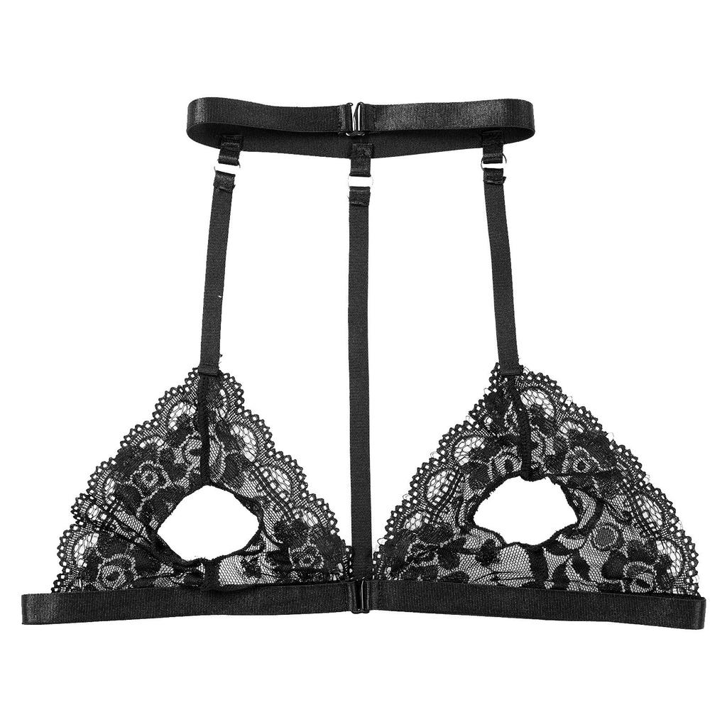 Dámská bezdrátová podprsenka bez podšívky z průhledné krajky Halter Neck Strappy Hollow Out Bra