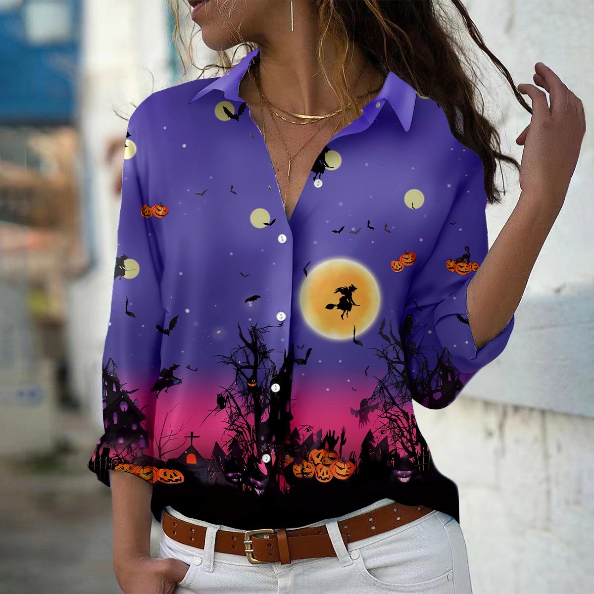 Черная кошка с принтом женская блузка весна осень женская офисная женская рубашка на пуговицах с отложным воротником XS темно-синий