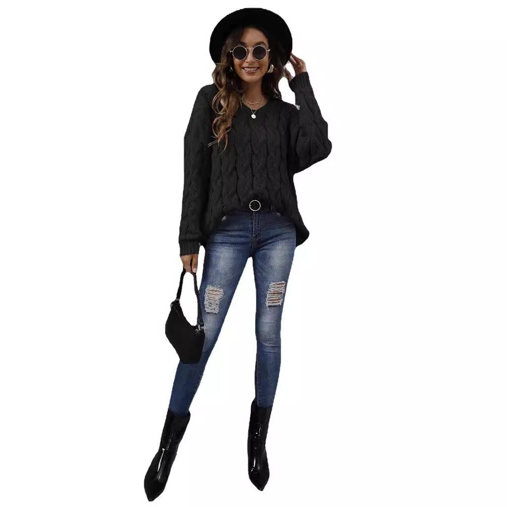 Women's Top, Thickened, Fried Dough Twists Knitted Sweater, V-neck Design, Fashionable Hooded Top, Loose Pullover Sweater