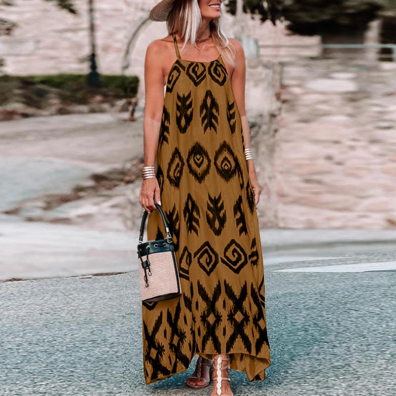 

ZANZEA Летнее платье с квадратным вырезом, без рукавов, на бретелях, с цветочным принтом XL коричневый