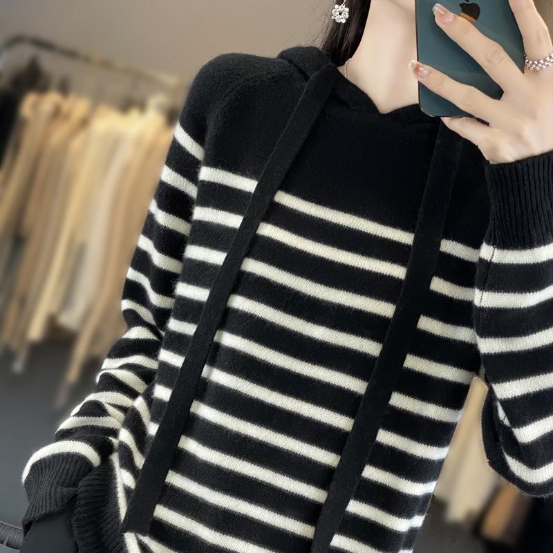 

Новый флисовый вязаный свитер Энди, полосатое худи-пуловер, свободный теплый свитер XXL чёрный