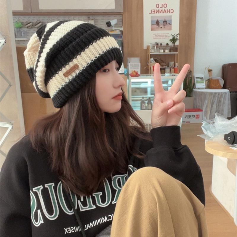 Winter Warm Woolen Women's Slouchy Hat: Thickened Korean-Style Striped Knit for Large Heads, Slimming Effect