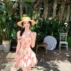 Seaside Wear French Gentle Pink Floral Suspender Dress Women's Summer Waist Thin Lotus Leaf Edge A-word Skirt