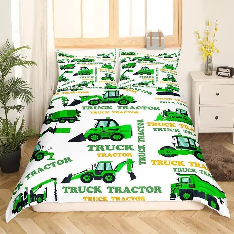 Cartoon Garbage Truck Duvet Cover Green Trash Truck Bedding Set Green Vehicle Car Comforter Cover Garbage Truck Toy Quilt Cover