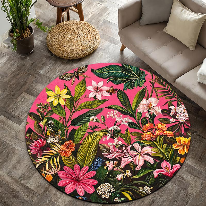 Pink tropical flower jungle Flannel-printed round floor mats are slip-resistant Suitable for room bedroom terrace garden carpets 60cm