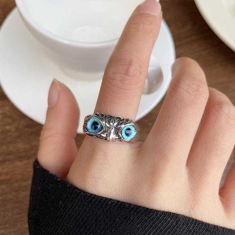 Cute Retro Thai Silver Cat Rings Fashion Cat Owl Eye Opening Adjustable Ring for Women Men Trendy Statement  Accessories