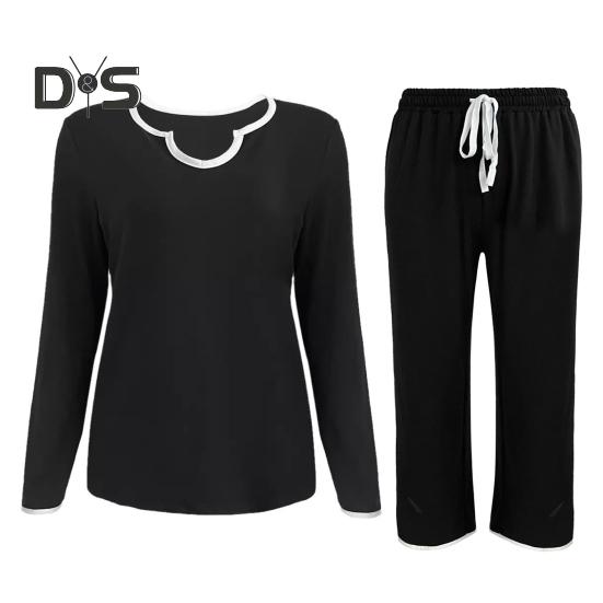 Set de 2 pantaloni de top pentru femei, cu decolteu în V, cu mâneci lungi, hanorac cu talie elastică, pantaloni de trening cu picioare late, ținută sport, trening casual de toamnă