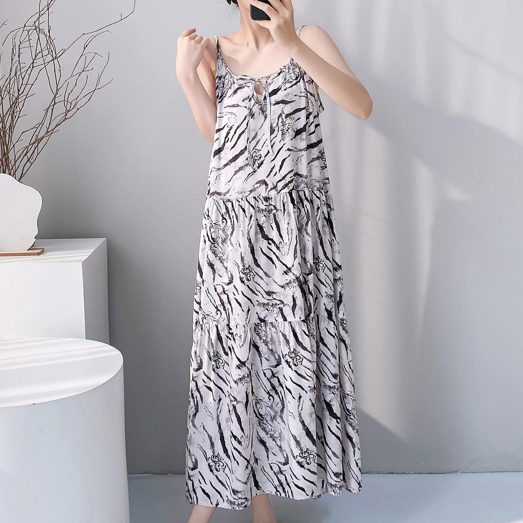Summer sleeveless suspender cotton and silk nightdress women's lace-up can be worn outside loungewear high-end vacation long dress dress thin