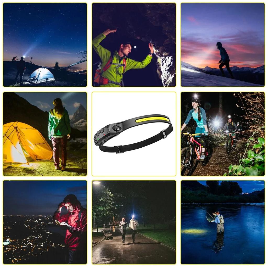 Induction Headlamp COB+LED Head Flashlight Built In Battery USB Rechargeable Outdoor Waterproof Camping Fishing Work Lantern