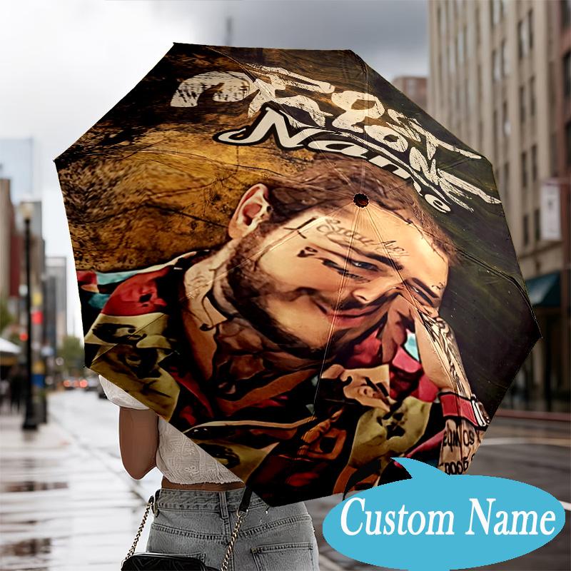 Custom Name Post Malone Artwork Umbrella Folding Umbrella, Automatic Umbrella - 8-Frame for Travel, Casual Lightweight Personalized Gifts