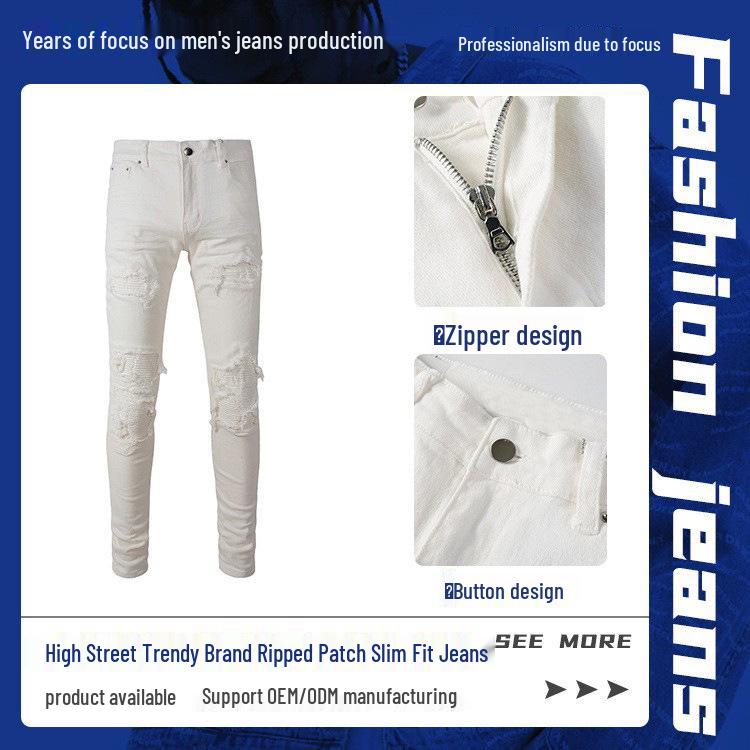 Trendige weiße Ripped Slim Fit Jeans für Herren mit Aufnähern