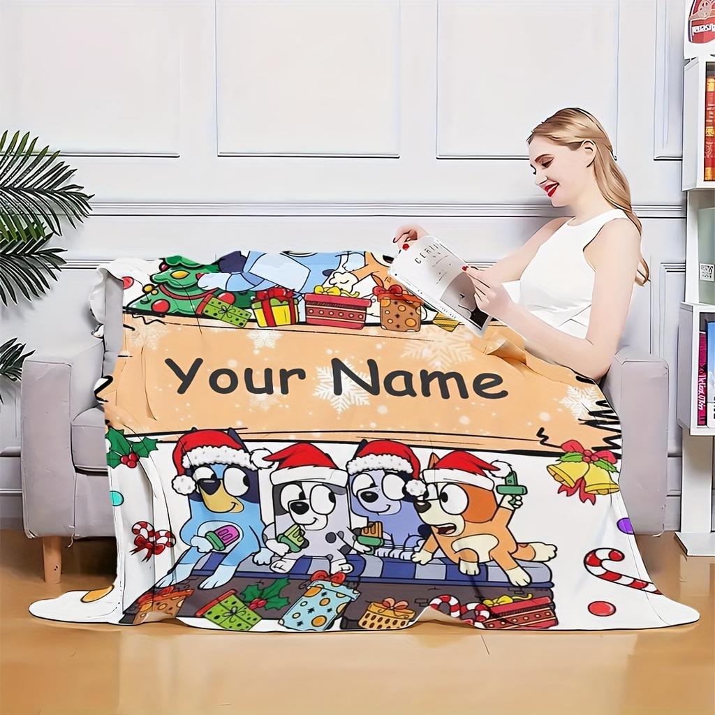 Customizable Name Flannel Blanket - Anime Dog Print Christmas All-Season, Machine Washable, Knitted Polyester, Cozy Warm