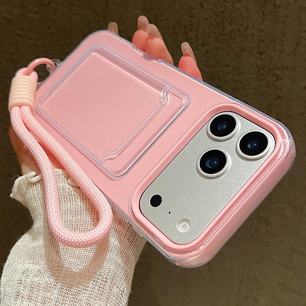 Candy Color Card Slot Bag Holder Phone Case For iPhone 17 16 15 14 13 12 11Pro Max Air Wrist Strap Shockproof Cover With Lanyard