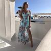 Fashion V Neck Sleeveless Floral Printed Chiffon A-line Dress Elegant Women Vacation Beach Casual Simple Split Party Long Dresses Female Clothing