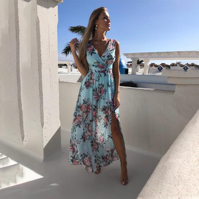 Fashion V Neck Sleeveless Floral Printed Chiffon A-line Dress Elegant Women Vacation Beach Casual Simple Split Party Long Dresses Female Clothing