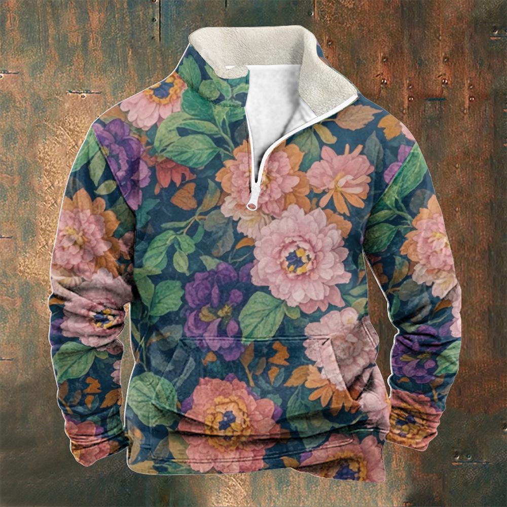 Men's British Autumn 2025 Stand Collar Arctic Fleece Half-Zip Hoodie with 3D Print