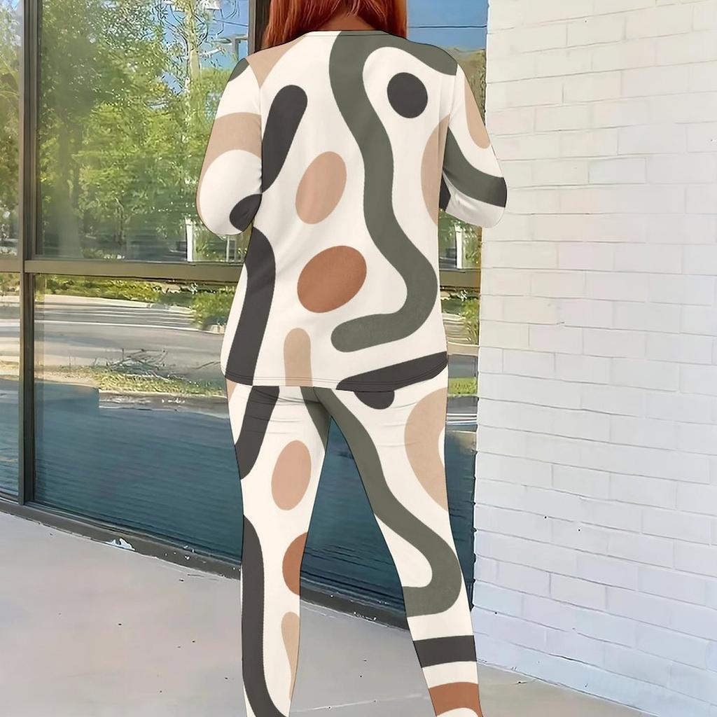 Women Plus Size Round Neck Long Sleeve Printed Top And Fitted Pants Two Piece Set
