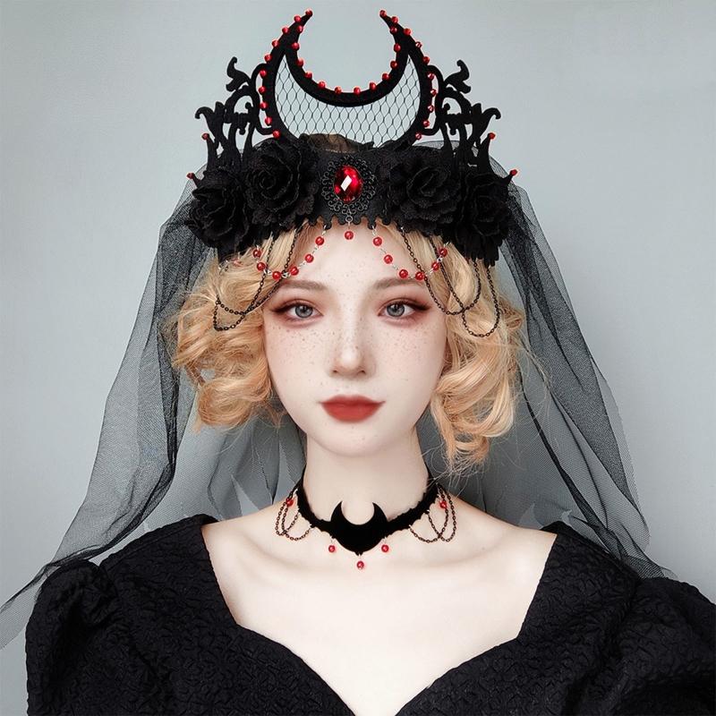 Tag der Toten Stirnband Gothic Kopfschmuck Schwarzer Schleier Krone Barock Tiara Krone Lolita Haaraccessoires Halloween Krone