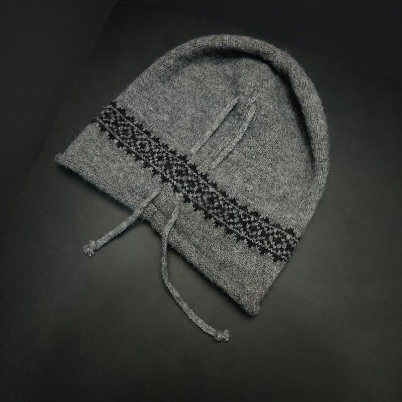 Retro Drawstring Stacking Hat Women's Fashion Autumn and Winter New Big Head Circumference Wool Hat Simple Warm Jacquard Knitted Hat